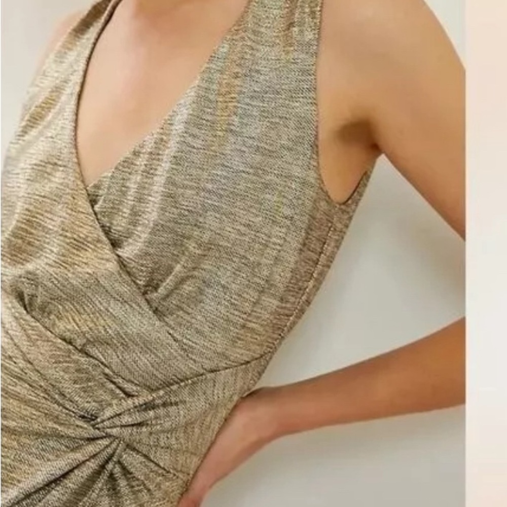 NWT Anthropologie Gold Metallic Faux Wrap Ruched Party dress